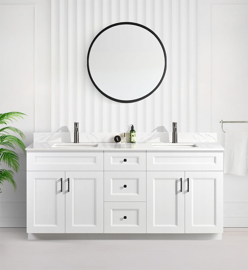 Tesoro 72″ White Double Sink Shaker Bathroom Vanity With Quartz Countertop Solid Wood