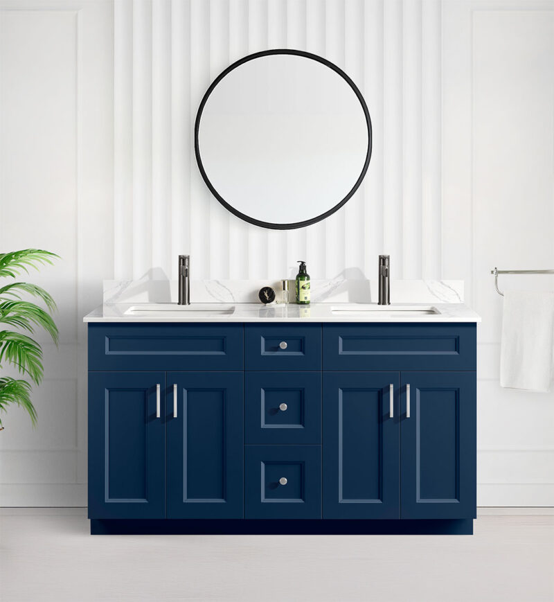 Tesoro blue 60″ Double Sink Shaker Bathroom Vanity With Quartz Countertop Solid Wood
